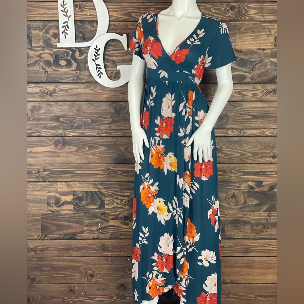 Patrons of Peace Floral Maxi Dress in Teal Red Orange Faux Wrap Split Slit Thigh